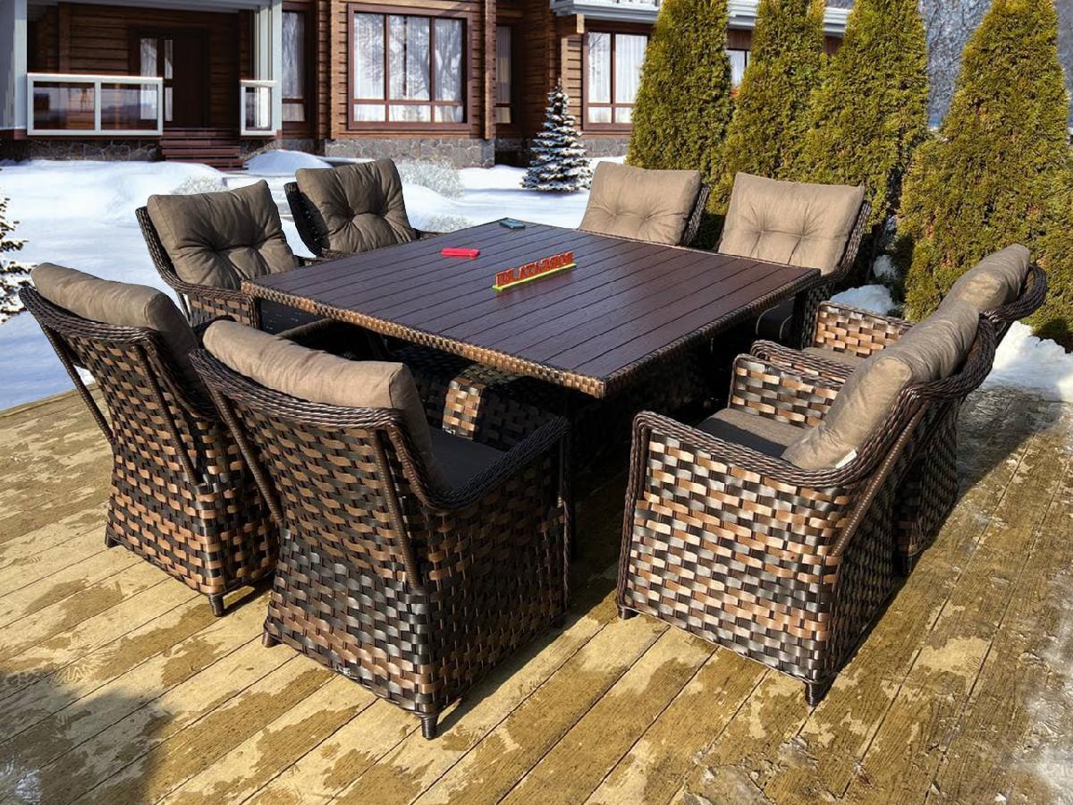 Обеденная группа ДПК 150*150 ARIA/ARIA COMPLIMENT brown на 8 персон для столовой или мангальной зоны